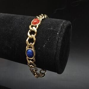 Carved Glass Scarab Bracelet Gold Tone Egyptian Revival Vintage Colorful Bug